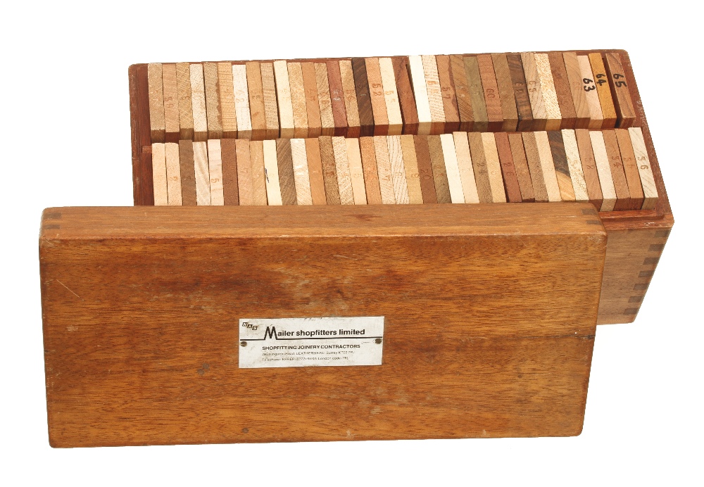 A set of 65 numbered exotic wood samples 6"" x 2 1/4"" with list of