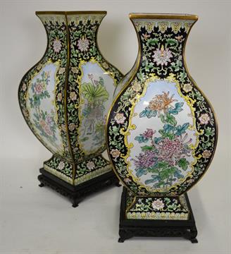 A Large Pair Of Chinese Canton Enamel Vases Of Square Form Each