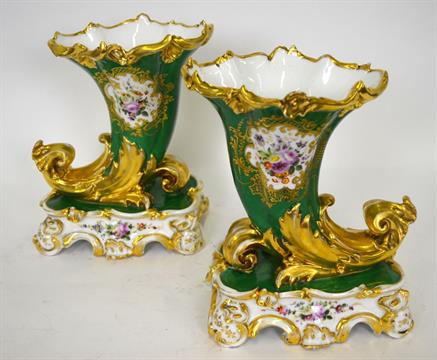 A Pair Of Chantilly France Porcelain Ornate Cornucopia Vases In