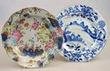 Two Chinese porcelain plates, one decorated in the pseudo tobacco leaf pattern, 22.5 cm, the other