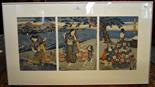 After Kunisada - a 19th century Japanese woodblock triptych - salt gatherers on the beach, seal