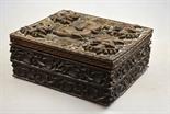 A Chinese hardwood box carved with birds surrounding a writhing dragon on a shou carved ground, 19th