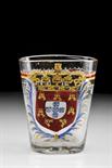 An oval Glass, painted glass, polychromatic decoration “Coat of Arms of Portugal” inscription