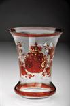 A Beaker, bicolor glass, painted decoration “Arms of Portugal”, Bohemia, 19th C., wear sign to the