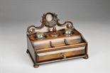 An Ink tray with drawer and pocket watch stand, Brazilian rosewood, two glass containers with silver