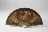 A Fan, bone rods, polychrome and gilt decoration "Gallant scenes ", original case, Europe, 19th