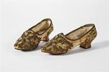 A Pair of Shoes, velvet, gilt silver thread embroidery, gilt wooden heels, Europe, 19th C., small