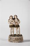 Adam and Eve, sculpture set in alabaster with painting and gilding, carved alabaster stand with "