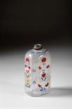 A Bottle, painted glass, polychrome decoration "Flowers and birds", threaded tin ring, Bohemia, 18th