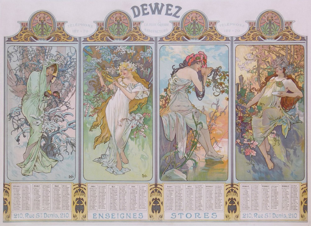 ALPHONSE MUCHA (1860-1939) Calendrier «Dewez-Les quatre saisons