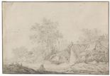 Jan van Goyen    1596 Leiden - 1656 Den HaagZugeschrieben - Kleine Dorfstraße mit sitzendem Mann.