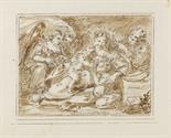Italien    Madonna mit Kind, Johannesknaben, Josef und zwei Engeln. Um 1800.Braun lavierte