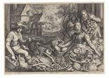 Jacob Matham     1571 Haarlem - 1631 HaarlemMarktszene, im Hintergrund biblische Darstellung der
