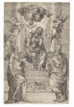 Giacomo Valegio     Tätig um 1548/87 in VeronaThronende Madonna mit Kind und zwei Heiligen, darüber