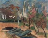 Heinrich Nauen     1880 Krefeld - 1940 KalkarGarten mit Treibhausbeeten. Um 1914.Öl auf Leinwand.