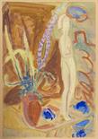 Erich Heckel     1883 Döbeln/Sachsen - 1970 Radolfzell/BodenseeBlumen und Holzfigur. 1920.Aquarell