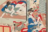 19TH CENTURY JAPANESE SHUNGA WOODBLOCK PRINT of erotic scenes, 21cm high, 31cm wide