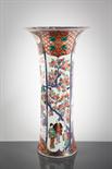 LARGE JAPANESE IMARI VASE of cylindrical form with trumpet top, with figures in a landscape