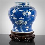 CHINESE BLUE AND WHITE VASE of baluster shape with blossom decoration, four character mark to base
