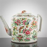 CHINESE FAMILLE ROSE TEAPOT with bird and floral decoration overall, late 19th century, 14.5cm high