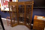 CHINESE WOODEN THREE FOLD SCREEN each section with a carved panel depicting mythical animals,