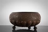 INDIAN COPPER/BRASS BOWL with floral and abstract decoration overall, on tripod ball feet, 26cm
