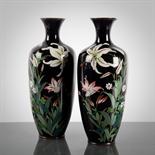 PAIR OF JAPANESE CLOISONNE VASES with lily and floral decoration, each 24cm high