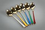 SET OF 12 DANISH SILVER AND GUILLOCHE ENAMEL TEASPOONS marked `Denmark Sterling 925`, 40g, in a