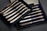 EARLY 20TH CENTURY SET OF SIX SILVER TEA KNIVES the handles with vineous decoration, the blades,