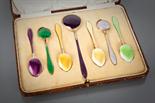 SET OF SIX NORWEGIAN FINE SILVER AND GUILLOCHE ENAMEL TEASPOONS together with a larger sugar