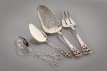 DANISH SILVER CAKE SLICE AND SERVING FORK along with a pair of silver tongs and another small cake