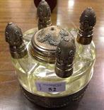 EARLY 20TH CENTURY FRENCH SILVER AND ETCHED GLASS TOILET SET of circular form, with five bottles