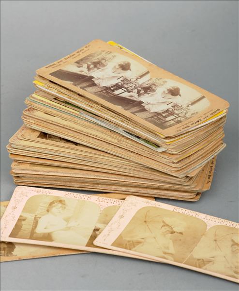A collection of various 19th century English and French stereoscopic cards Predominantly of a risque