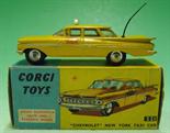 Corgi Toys Chevrolet New York Taxi Cab: 221 Yellow body with aerial and taxi sign in Fair