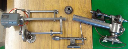 Two Small Model Makers Lathes & a Pulley Drive - mounted to base board with foot control pedal,