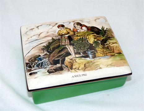 PORCELAIN: Gray’s Pottery Stoke on Trent rectangular lidded box 5”x4”x2”, with a fishing scene to