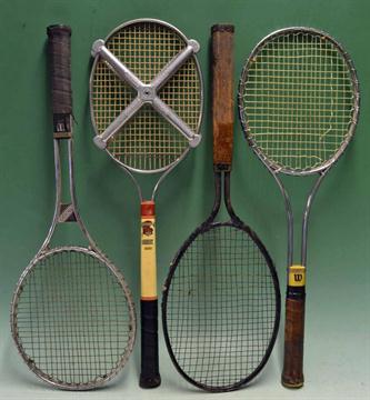 4x various metal tennis rackets and presses from the late 1920s onwards to incl Dayton USA with