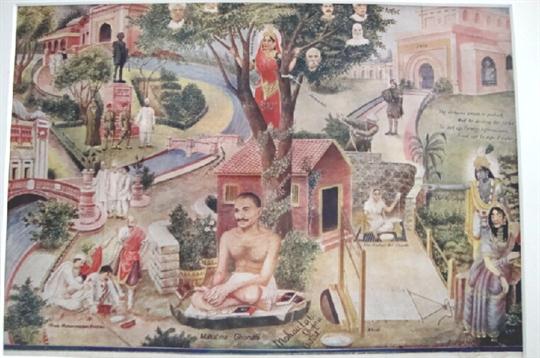 Gandhi printed poster size compilation of portraits of Gandhi (shown with his chakra spinning