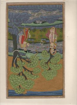 Indian painting showing two figures in a garden surrounded by serpents with other wildlife in a