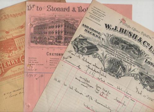 Ephemera – Billheads tray of assorted billheads^ some with decorative title pieces. Late 19th/
