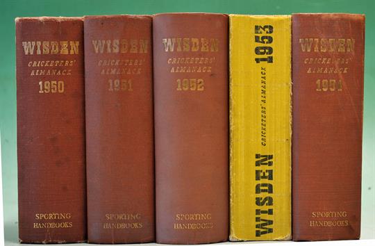 1950-1954 Wisden Cricketers’ Almanacks – all in original hard backs except 1953 soft back, some with