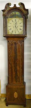 Alex Doig Musselburgh Mahogany inlaid slim longcase clock with a hand painted early golfing scene to