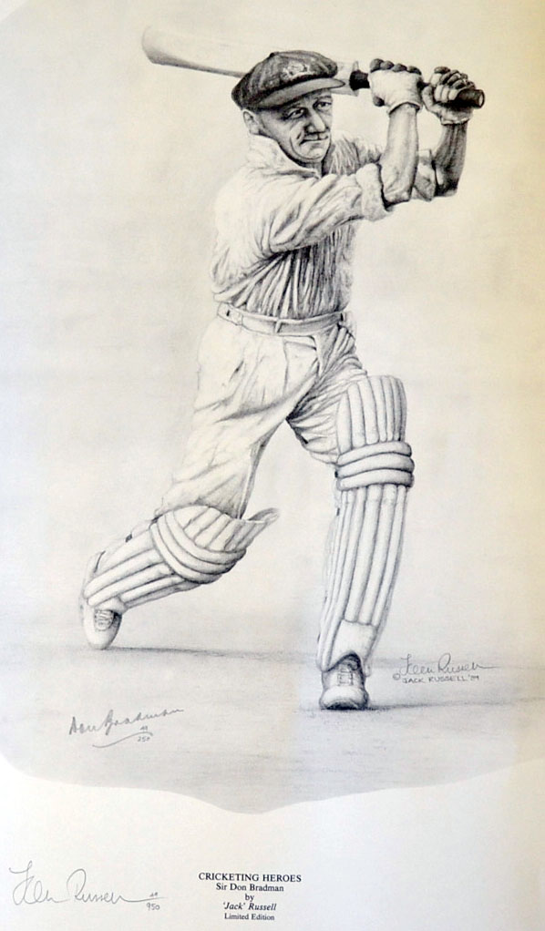 Don Bradman Signed Ltd Edition Cricketing Heroes print – signed by both the artist Jack Russell