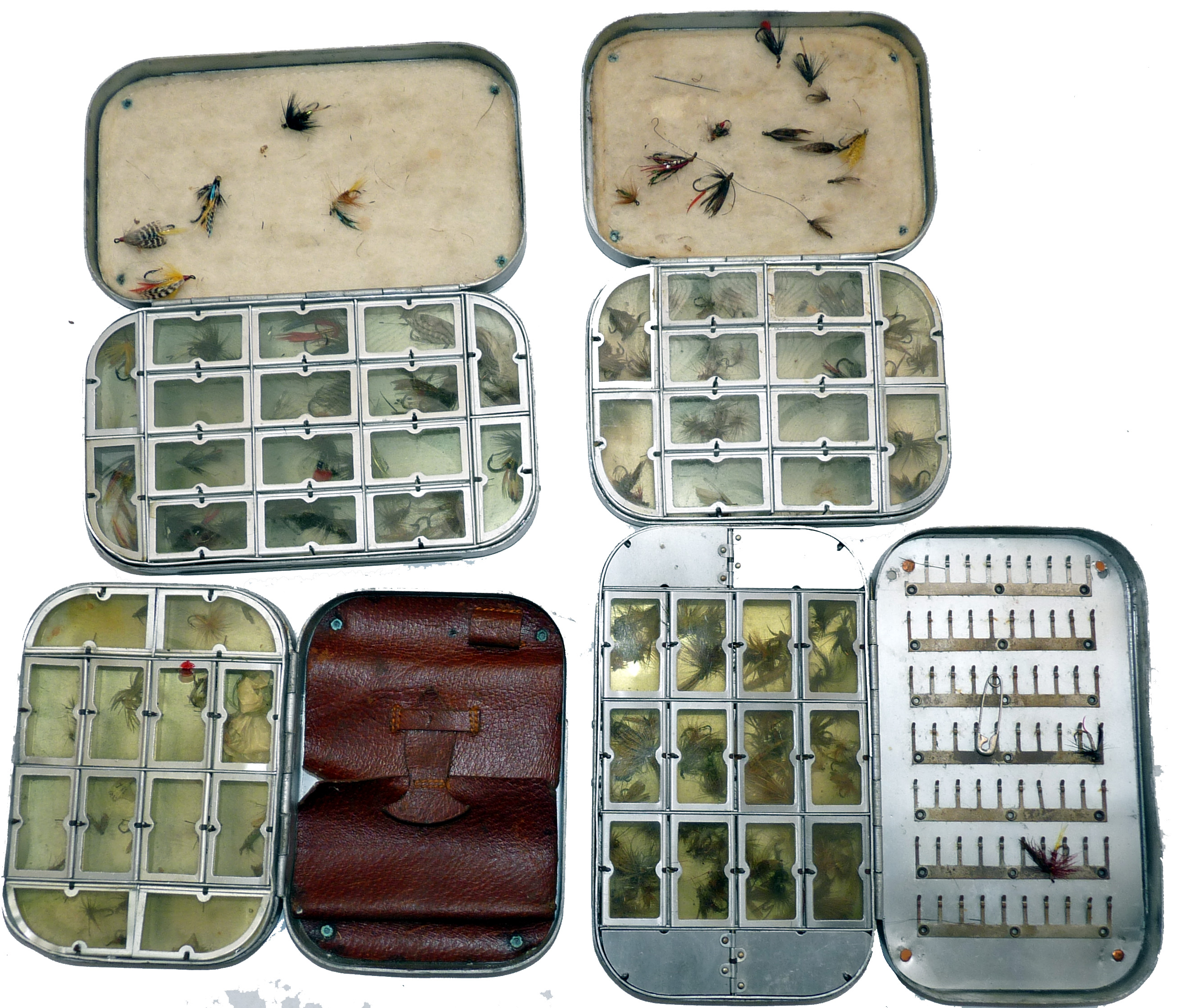 FLIES & Boxes (4): Collection of 4 Wheatley incl. one Hardy alloy dry fly boxes, a 12 compartment