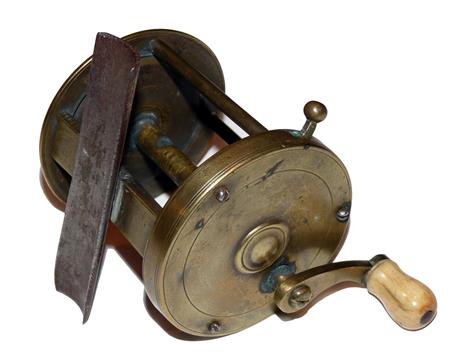REEL: Antique all brass wide drum multiplier winch with steel foot, 2.5” diameter, 2.6” wide with