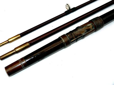 ROD: Early Bowness & Bowness 230 Strand London, 9’ 3 piece hickory and ash trolling rod, with