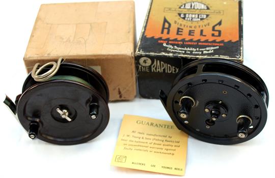 REELS (2): JW Young Rapidex 4” alloy centre pin reel in as new condition, black bobble finish,