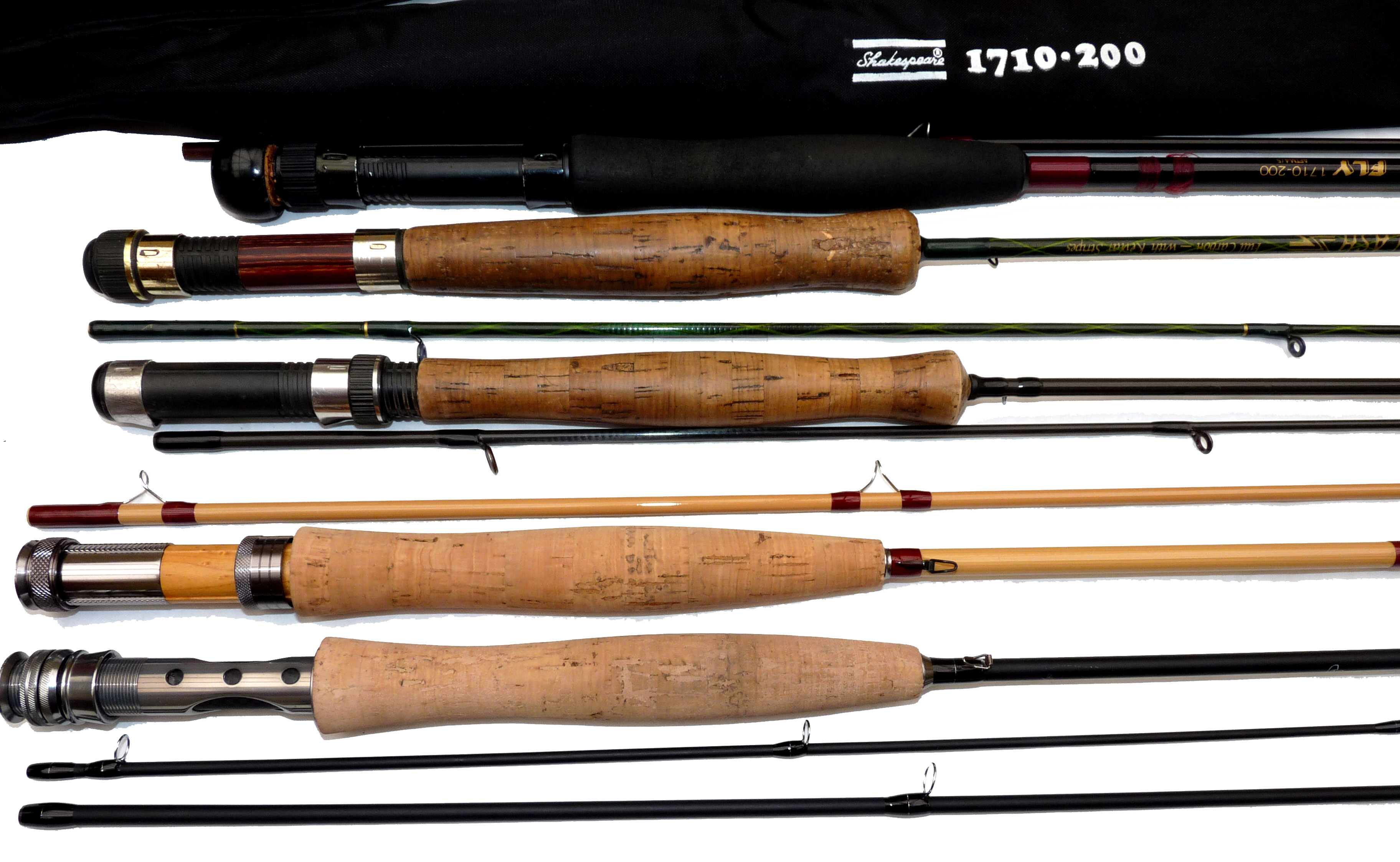 RODS (5) Five modern trout fly fishing rods, Shakespeare Purist Fly 9