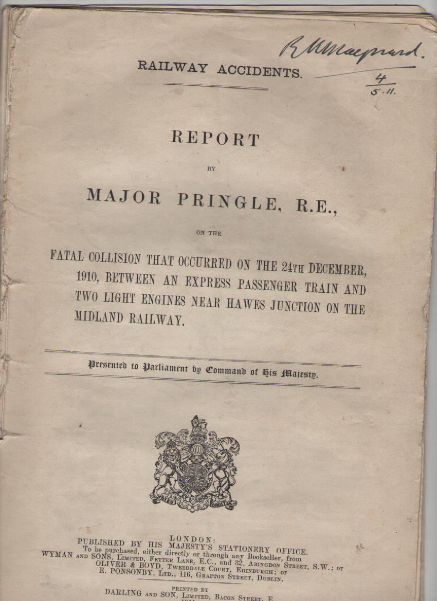 Ephemera – Railways – a fatal accident 1910 printed official report of the fate collision between