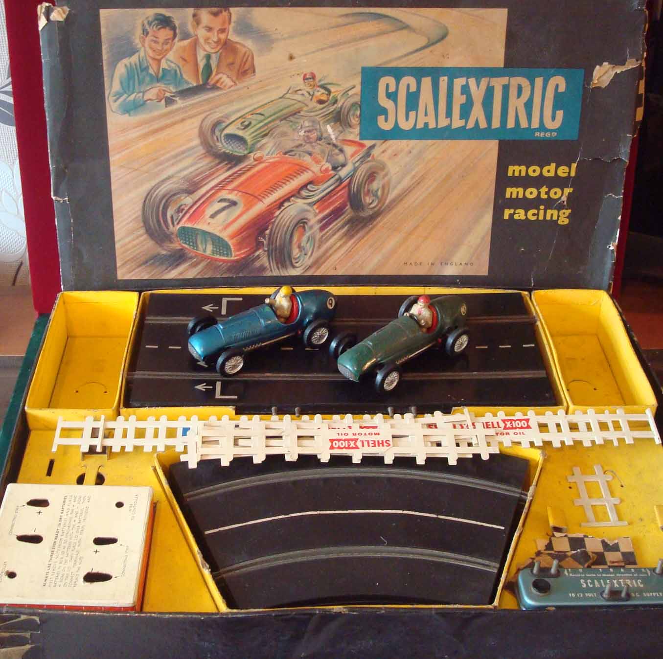 Early Scalextric Motor Racing set Comprising tinplate Racing Cars, one